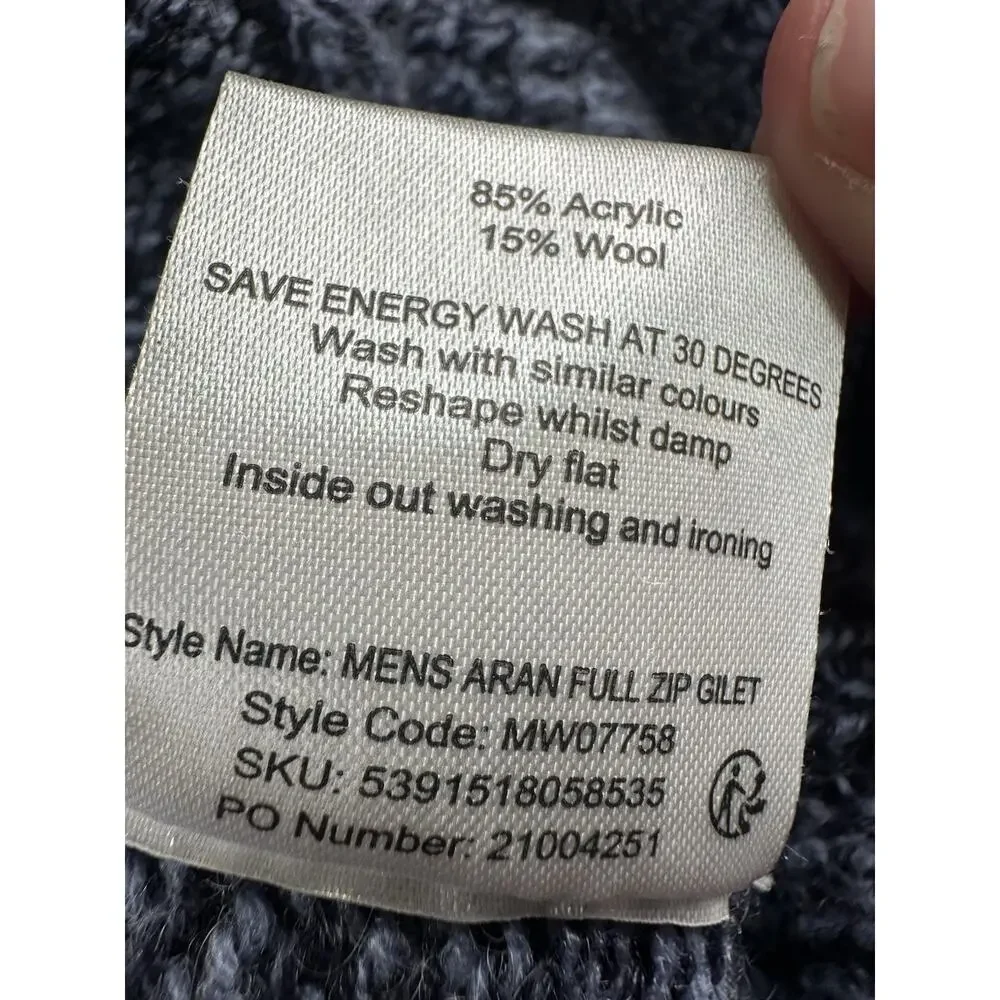 Emerald Isle Weaving Vest Mens Aran Full Zip Gilet Blue Wool Blend Sz Large